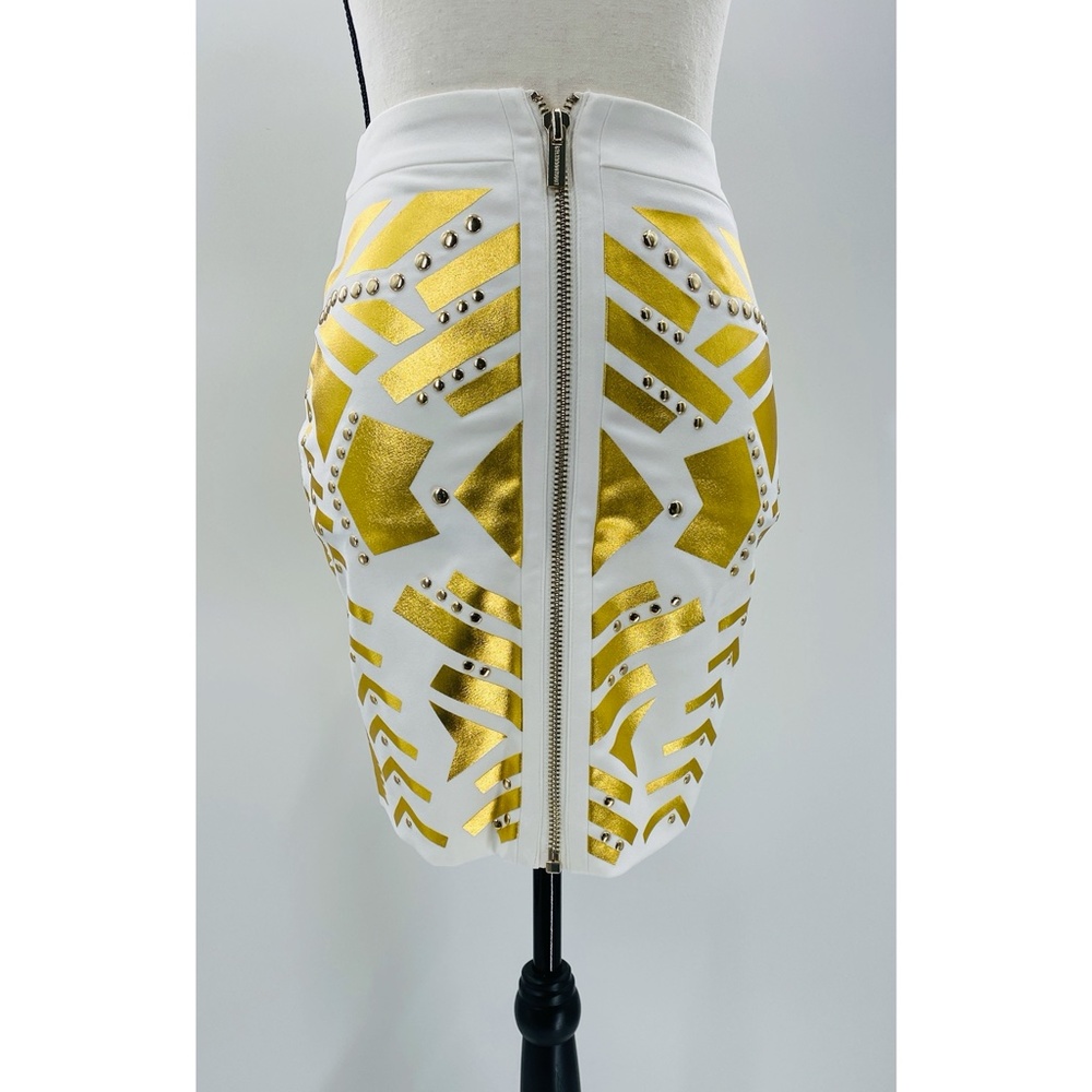 Celeb Boutique‎ White and Gold Studded Front Zipper Body Con Mini Skirt